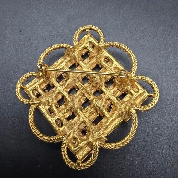 Florenza Fall Color Rhinestone Brooch Basket Weave Gold Tone Vintage Jewelry - Picture 5 of 10